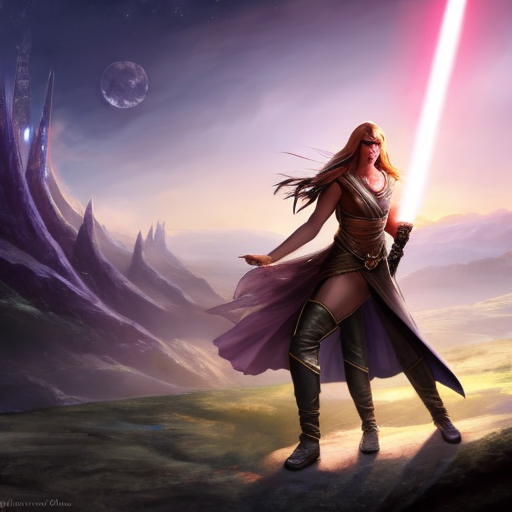 
 Kaelara Dawnbringer  Kaelara Dawnbringer, a seasoned Jedi Knight of unmatched skill and dedication, is known throughout the galaxy for her unwavering courage and deep connection to the Force.
