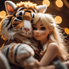 realistic Blonde Haired Bunny with wild hair cuddling a tiger toy