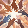  A group of hands of different skin tones intertwined  