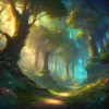  A serene forest where the trees hum soft melodies, surrounded by glowing flora that lights up the night. 