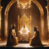 Two servants bow down to the one God seated on a golden throne, with radiant light encircling Him.