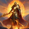   The servant of the West realm, a fierce warrior clad in armor infused with the essence of the sunset, wielding a staff of golden light.